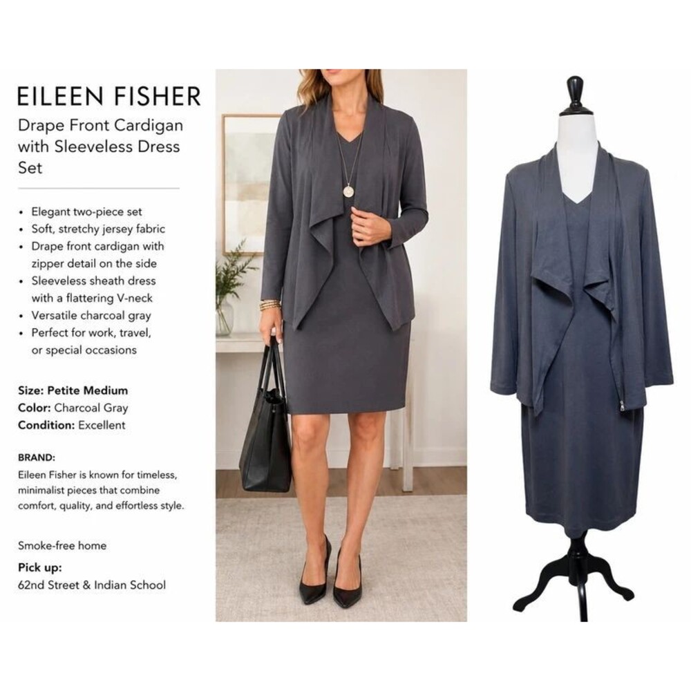 Eileen Fisher Black Viscose Blend Dress + Draped Jacket Set – Silk Lined – L/M